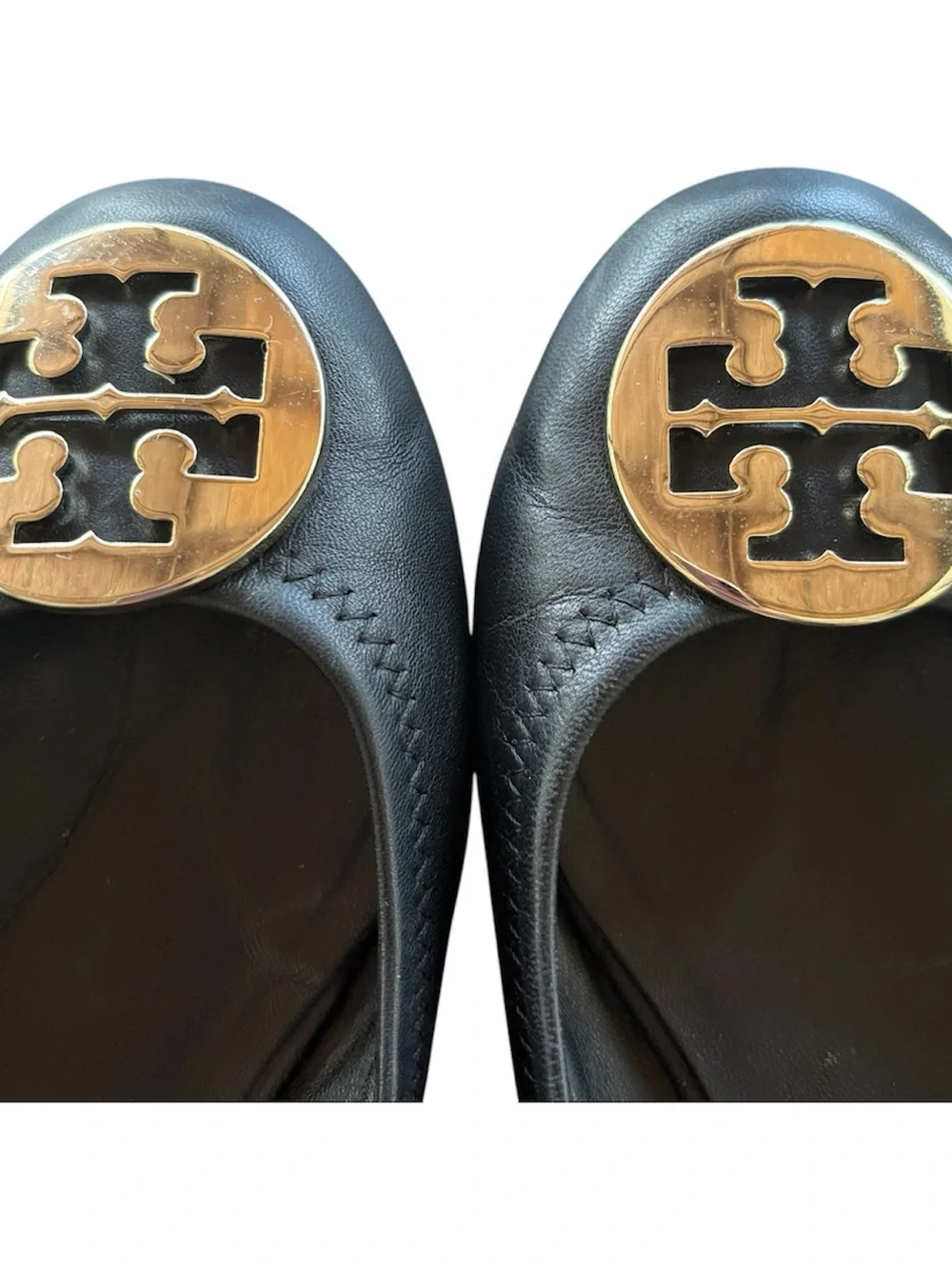 Tory Burch Black Leather Ballet Flats with Gold Logo Medallion